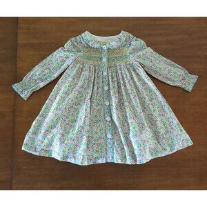 Mini Boden Girls Long Sleeve Button-through Smocked floral dress EUC size 5/6